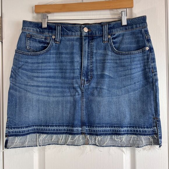 Madewell Women's Raw Step Hem Denim Short Straight Skirt Stretch Cotton Size 31 - Picture 1 of 11